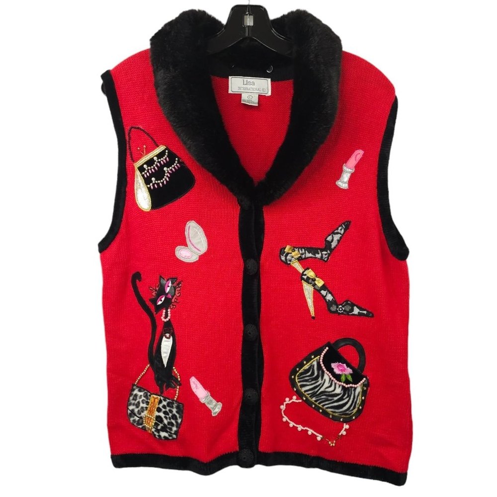 Lisa International Button Front Vest L Cat Purse Faux Fur Detachable Collar